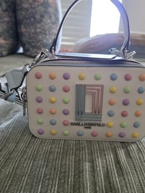 Karl Lagerfeld White Mini Crossbody with Pastel Studs